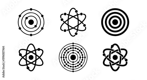 Scientific atom model icon set, minimalist black physics nucleus symbols, 6 vector elements of molecular structures and orbital electrons