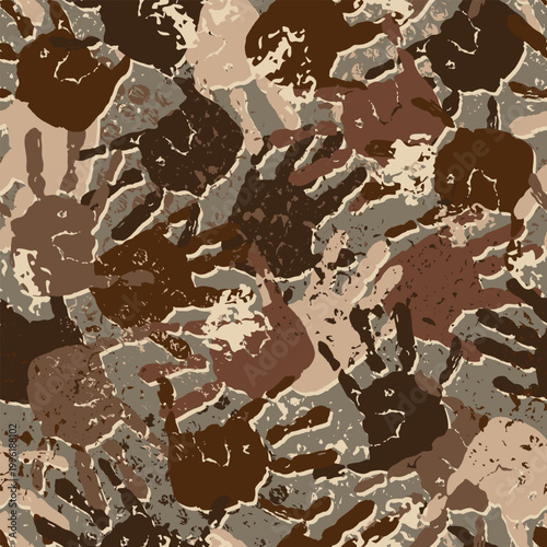 Seamless brown pattern with paint child sized handprints. Camouflage grunge style. Random messy composition with cracked scuffed effect. Print for apparel, textile design