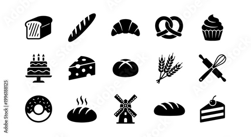 Bakery icons set with bread and pastry symbols, collection of 15 black vector silhouettes, bakery shop menu design elements, wheat and flour products