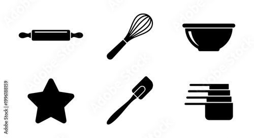 Baking tools icon set with 6 black vector silhouettes, kitchen utensils for cooking and pastry making, rolling pin whisk and bowl symbols