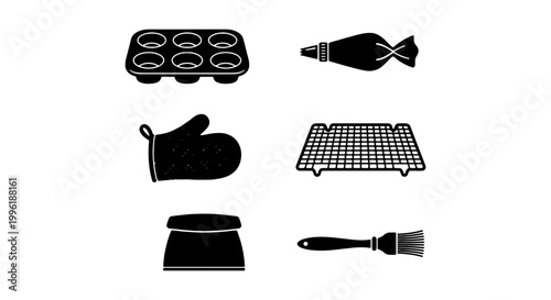 Baking tools icon set, black silhouette kitchen equipment collection, professional pastry chef utensils including muffin pan and piping bag vector