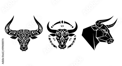 Collection of stylized bull heads tribal and geometric designs vector illustrations for zodiac signs and mascots isolated on white
