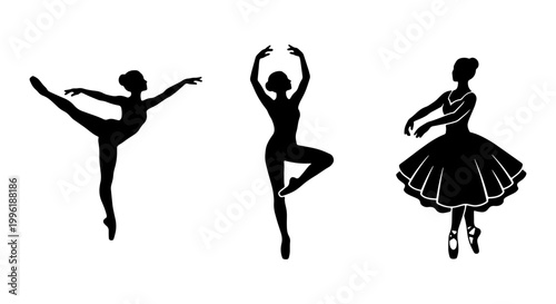 Graceful ballerina silhouettes set, elegant ballet dancer vector icons in various poses, black female performer figures for dance school branding