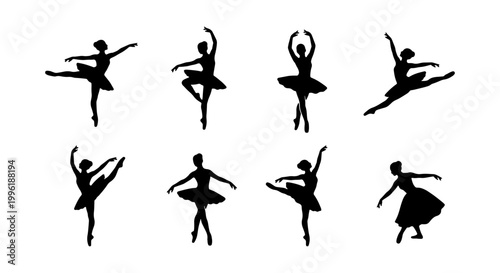 Ballerina silhouette vector collection, set of 8 graceful ballet dancer poses, black female performer figures in tutu and pointe shoes