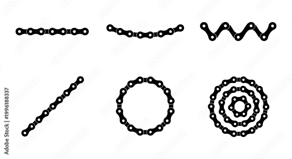 Fototapeta premium Bicycle chain vector icons set, industrial metal bike chain links in various shapes, black mechanical cycle parts for repair and maintenance graphics