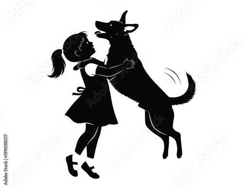 A heartwarming silhouette of a young girl embracing a jumping dog showcasing a strong bond of friendship and affection