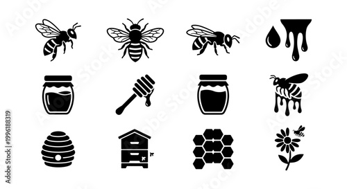 Honey bee icon set with 12 black vector elements, organic honey production symbols, beekeeping equipment and honeycomb silhouettes for branding