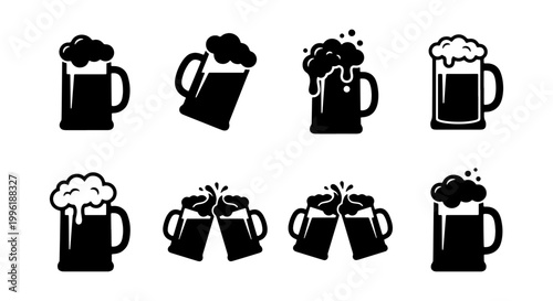 Minimalist beer mug icons set, black silhouette ale glasses with foam, collection of 8 vector brewery symbols for bar menus and pub branding