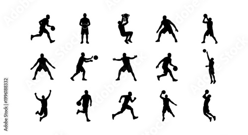 Basketball player silhouettes set, 15 black vector icons of athletes playing ball, professional basketball player action poses for sports design