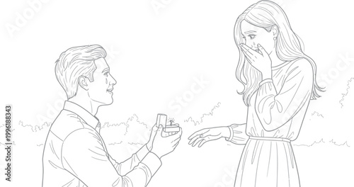 A romantic proposal scene unfolds as a man kneels, offering an engagement ring, while his beloved partner sheds tears of joy, overwhelmed by the emotional and loving commitment.