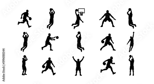 Basketball player silhouettes set, 15 athlete icons in action poses, black sports figures dunking and dribbling, vector collection for team logos