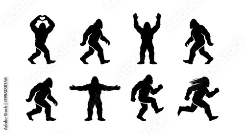 Bigfoot silhouette collection with 8 vector icons, mythical sasquatch character in various poses, black yeti creature silhouettes for camping and outdoor adventure designs