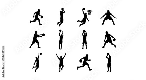 Basketball player silhouettes set, 12 vector icons of athletes playing ball, black sports figures jumping and dribbling on white background