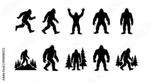Bigfoot silhouette vector set, 10 sasquatch icons in various poses, mythical yeti and forest monster silhouettes, black cryptid creature graphics
