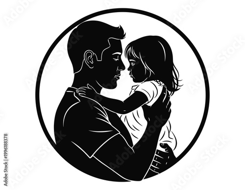 A tender moment captured in a black and white silhouette of a father embracing his young daughter within an oval frame