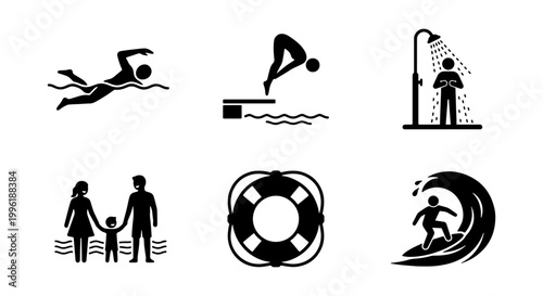 Swimming pool and beach icons set, black silhouette pictograms of water sports and summer activities, 6 vector elements for aquatic recreation