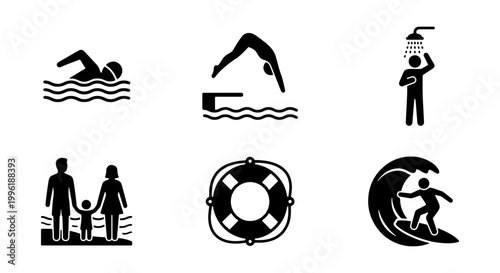 Swimming pool and beach icons set, black silhouette water sports pictograms, 6 vector elements for aquatic recreation and summer vacation signage