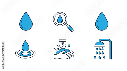 Water drops icon set. A vector pack of editable icons for water lines. A single drop of water. shower, glass, magnifier, and hand washing. Vector illustration