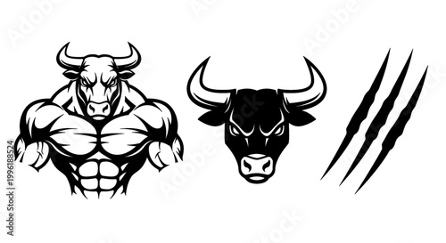 Set of muscular bull and bull head icons with claw marks powerful vector graphics for sports teams and aggressive branding isolated on white