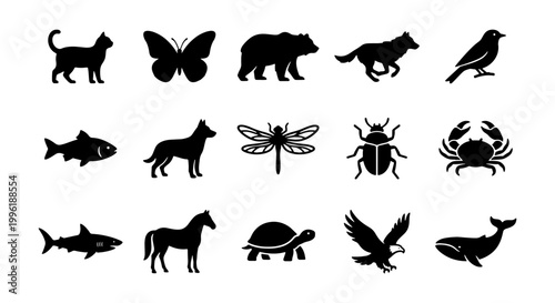 Minimalist animal silhouettes set, 15 black wildlife icons vector collection, simple nature fauna symbols for logo design and infographics