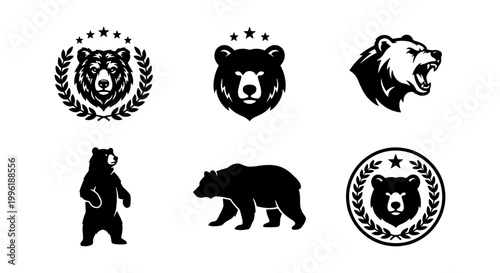 Vintage bear logo collection, 6 black grizzly bear head and silhouette icons, rustic wildlife mascot emblems with laurel wreaths and stars