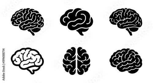Human brain icon set, black silhouette of cerebral cortex and mind anatomy, collection of 6 vector brain symbols for medical and psychological design