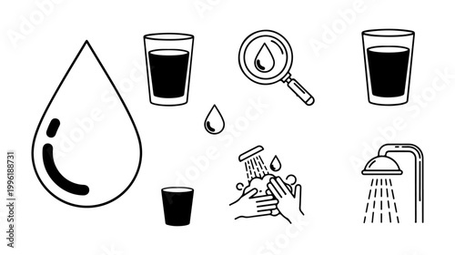 Water drops icon set. Water line icon vector pack that can be edited. A drop of water. Glass, magnifier, washing hands, shower. Vector illustration