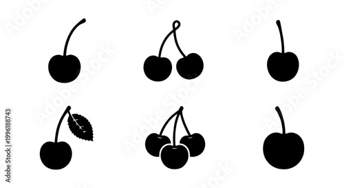 Minimalist cherry silhouette icons, black fruit vector set of 6 elements, simple organic berry shapes for food branding and menu design