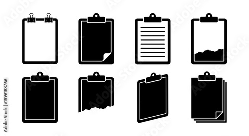 Clipboard icon set with 8 black vector silhouettes, office document board symbols for checklists and reports, minimalist paper holder graphics