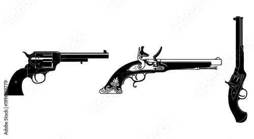Collection of historical firearms including a revolver flintlock pistol and derringer isolated on white background for design use