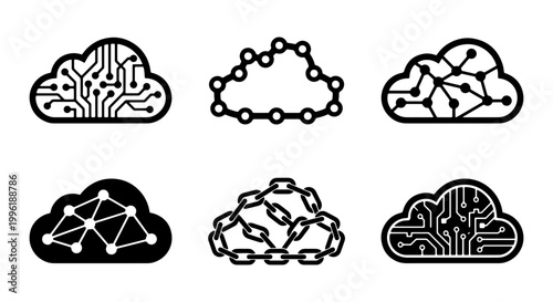 Cloud computing technology icons set, digital network and data storage symbols, 6 vector elements for blockchain and cyber security concepts