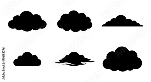 Black cloud silhouette icons set, minimalist weather symbols collection, 6 vector cloud shapes for sky and meteorology design