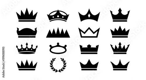 Royal crown icons set, black silhouette king and queen tiara collection, 16 heraldic symbols and laurel wreath vector elements for luxury branding