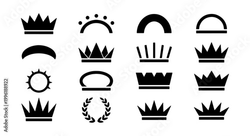 Minimalist crown icon set, black royal tiara and diadem vector silhouettes, 16 heraldic symbols for luxury branding and logo design