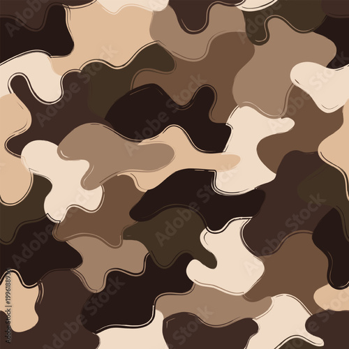 Seamless camouflage pattern with overlapping irregular patches of brown, beige tones. Grunge contour of wavy shapes. Random composition. For apparel, fabric, textile, sport goods