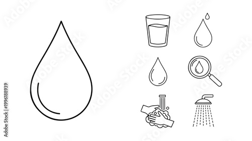 Water drops icon set. Water line icons in an editable vector pack. A drop of water. shower, glass, magnifier, and hand washing. Vector illustration