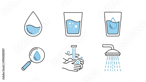 Icons for water droplets. Editable vector pack of water line icons. A drop of water. Glass, magnifier, washing hands, shower. Vector illustration