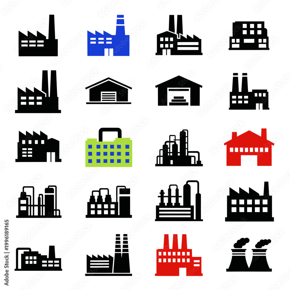 Obraz premium Industrial Factory Icons Set: Manufacturing Plants, Power Plants, and Production Buildings