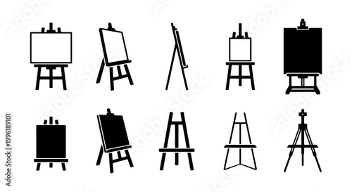 Minimalist wooden easel icons set, black silhouette artist canvas stands, collection of 10 vector painting tripod symbols for art studio branding