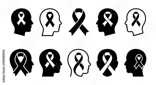 Mental health awareness ribbon icons set, human head profile with support symbol, psychological health and medical advocacy vector elements