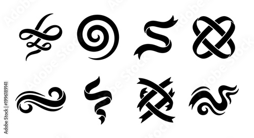 Black decorative swirl icons set, elegant ribbon flourishes and spiral vector elements, minimalist calligraphic ornaments for logo design and branding