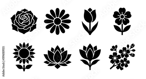 Minimalist flower icon set, black floral silhouette vector collection, 8 botanical symbols including rose, sunflower, tulip, and lotus for logo design