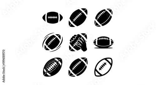 American football icons set, black silhouette rugby ball vector graphics, 9 sports equipment symbols for championship branding and team logos