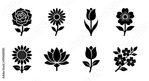 Minimalist black flower icons set, 8 floral vector silhouettes including rose and tulip, botanical garden symbols for logo design and web interface
