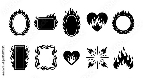 Flaming frame vector set, black fire border collection with 10 elements, burning heart and geometric fire shapes, y2k aesthetic tattoo style graphics