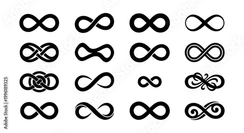 Infinity symbol vector set, 16 black eternal loop icons, minimalist mathematical sign collection, decorative celtic knot and swirl infinity graphics