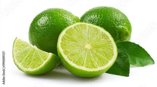 Ripe whole lime fruit and sliced lime with green leaf, isolated on a white background with clipping path. Macro studio photo of lime fruit.
