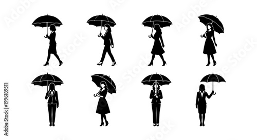 Black silhouette woman with umbrella vector set, business woman walking in rain icons, female character standing with parasol collection
