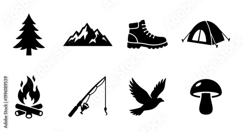 Outdoor camping icons set, black minimalist adventure symbols, 8 vector elements for hiking and nature exploration, mountain and forest travel graphics