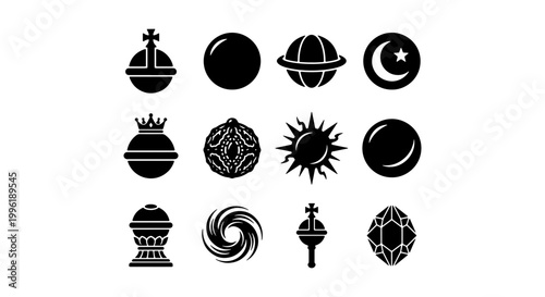 Mystical celestial icons set, 12 black vector symbols of sun moon and planets, esoteric spiritual alchemy signs, occult astronomical glyphs